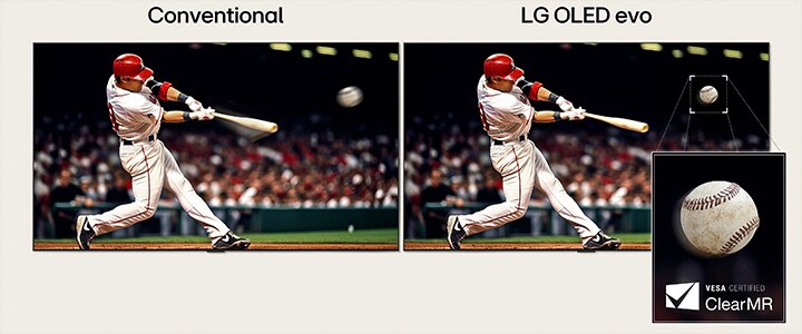 Comparaison côte à côte d’une image d’un match de baseball. D’un côté, intitulé « conventionnel », on observe un important flou de mouvement autour de la batte du joueur et de la balle. De l’autre côté, intitulé « LG OLED evo », l’action est parfaitement capturée sans aucun flou de mouvement.
