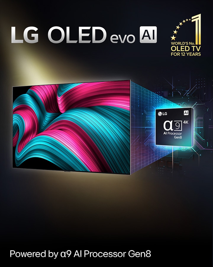 L’écran d’un téléviseur LG OLED evo AI affiche une image abstraite dont les détails, les couleurs et le contraste sont impressionnants. Une version agrandie de l’alpha 9 AI Processor Gen8 se trouve derrière le téléviseur. L’éclairage de l’appareil illumine les circuits de la micropuce qui l’entoure. Le titre indique LG OLED evo AI. Le texte est également visible, alimenté par le processeur LG alpha 9 AI Gen8. Un logo doré orné d’étoiles se trouve dans le coin et indique : « Numéro un mondial des téléviseurs OLED depuis 12 ans ».