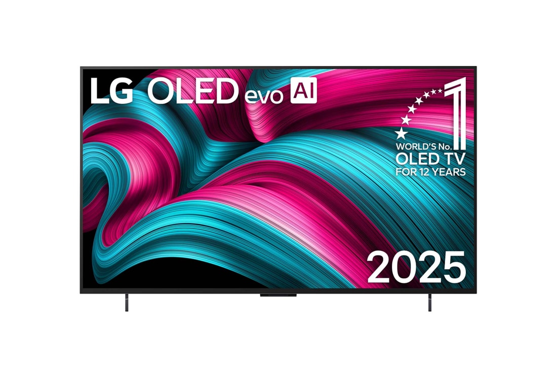 Vue avant du téléviseur Smart TV LG OLED evo AI C5 4K. L’emblème OLED 12 ans numéro 1 mondial et le logo LG OLED evo AI 2025 apparaissent sur l’écran.