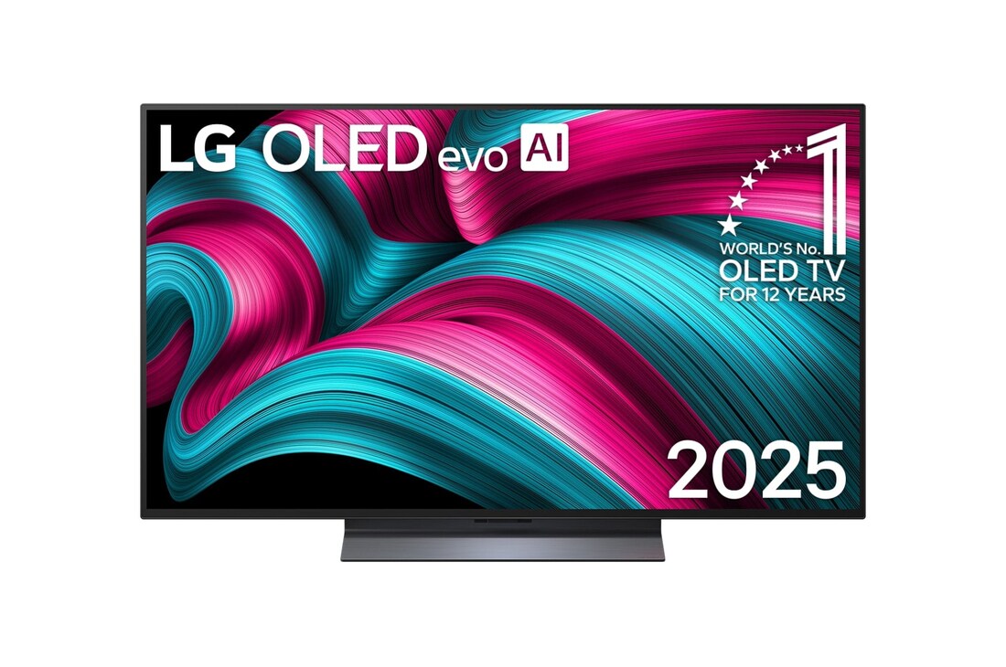 Vue avant du téléviseur Smart TV LG OLED evo AI C5 4K. L’emblème OLED 12 ans numéro 1 mondial et le logo LG OLED evo AI 2025 apparaissent sur l’écran.