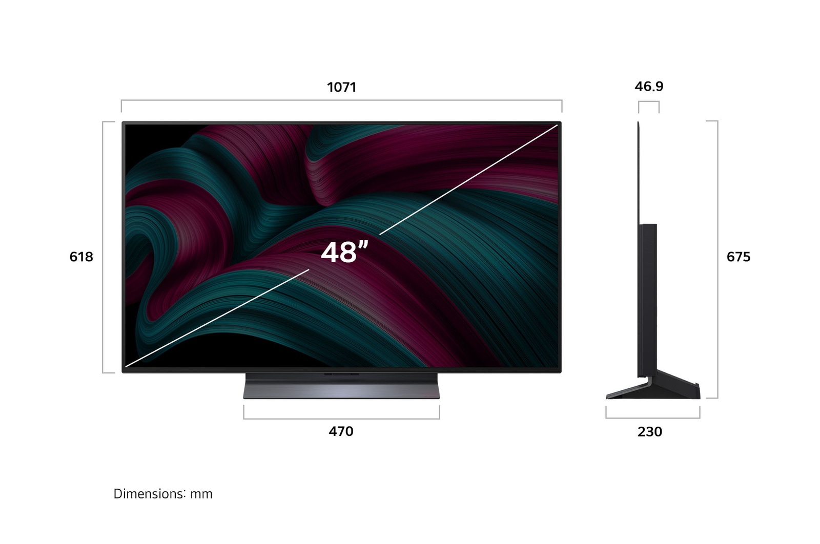 Vue avant et vue latérale du téléviseur smart 4K LG OLED evo C5 AI, illustrant ses dimensions en longueur, largeur, hauteur et profondeur.