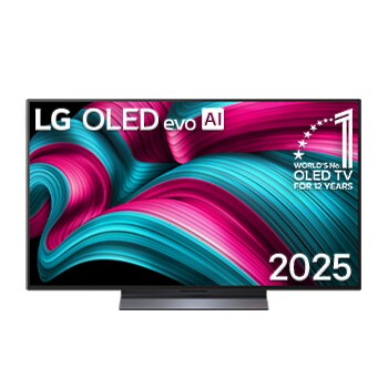 Vue avant du téléviseur Smart TV LG OLED evo AI C5 4K. L’emblème OLED 12 ans numéro 1 mondial et le logo LG OLED evo AI 2025 apparaissent sur l’écran.
