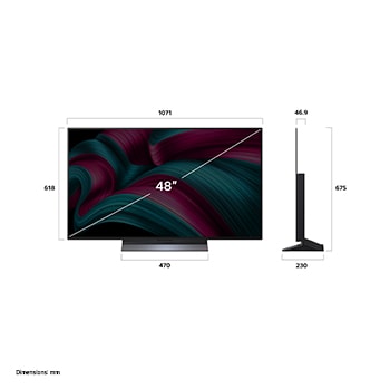 Vue avant et vue latérale du téléviseur smart 4K LG OLED evo C5 AI, illustrant ses dimensions en longueur, largeur, hauteur et profondeur.
