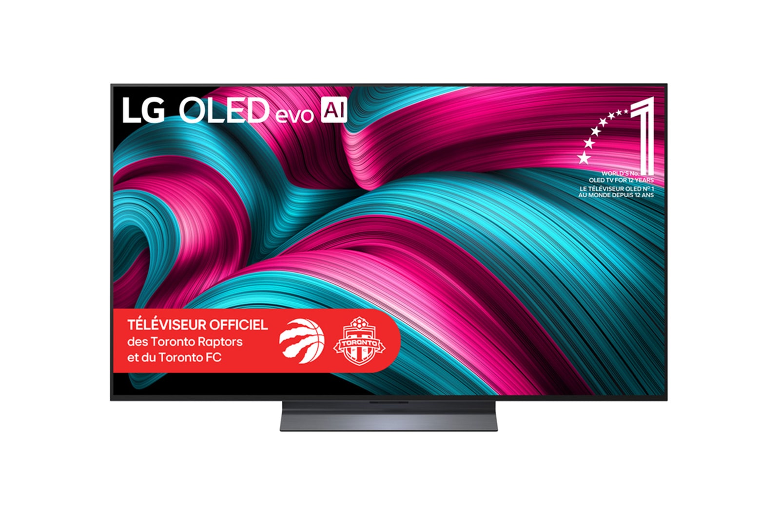 Vue avant du téléviseur Smart TV LG OLED evo AI C5 4K. L’emblème OLED 12 ans numéro 1 mondial et le logo LG OLED evo AI 2025 apparaissent sur l’écran.