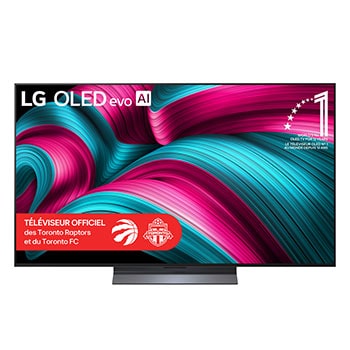 Vue avant du téléviseur Smart TV LG OLED evo AI C5 4K. L’emblème OLED 12 ans numéro 1 mondial et le logo LG OLED evo AI 2025 apparaissent sur l’écran.