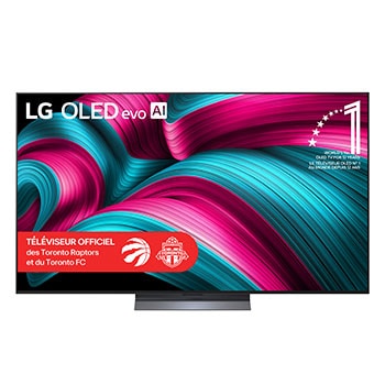 Vue avant du téléviseur Smart TV LG OLED evo AI C5 4K. L’emblème OLED 12 ans numéro 1 mondial et le logo LG OLED evo AI 2025 apparaissent sur l’écran.