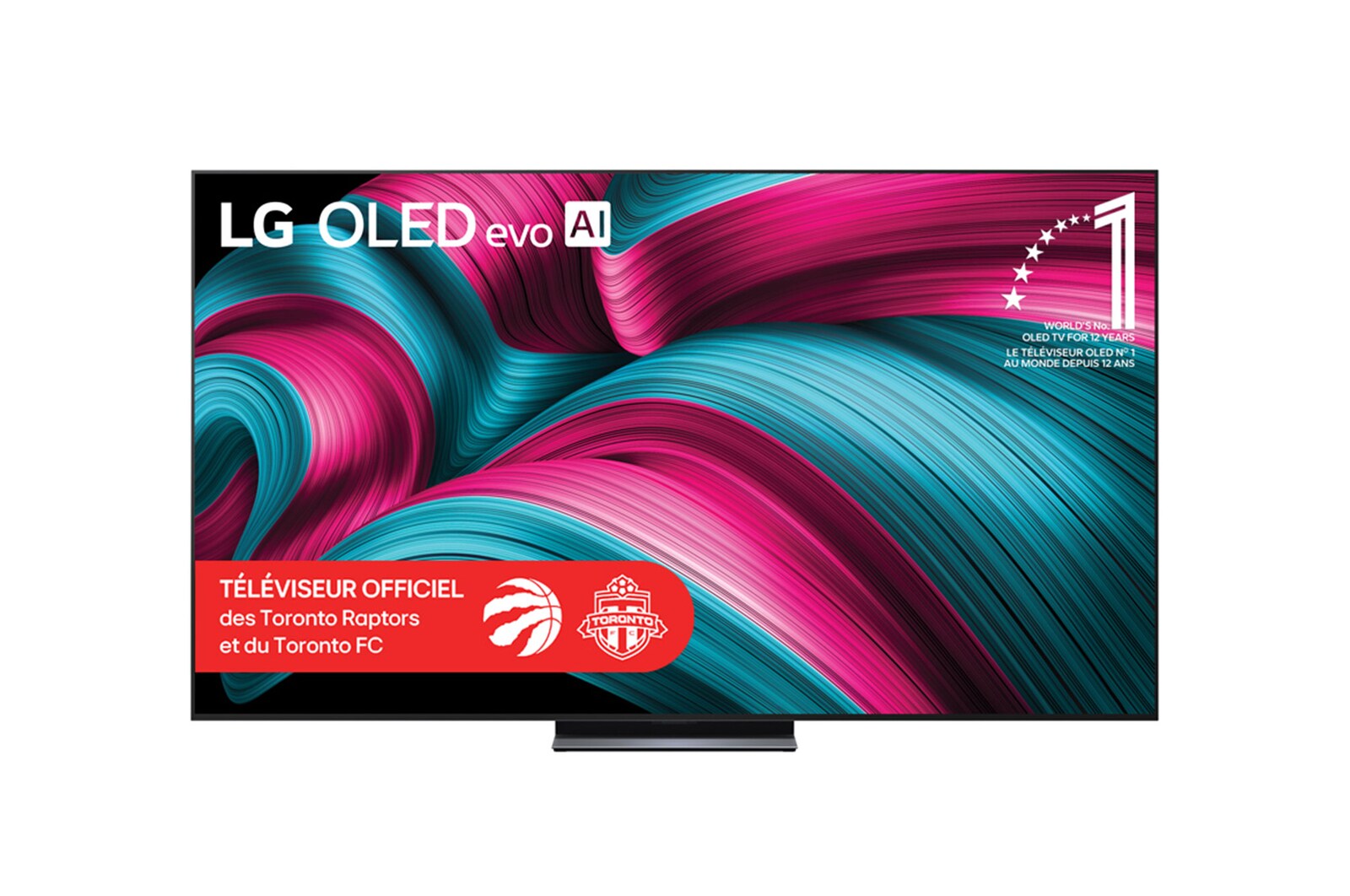 Vue avant du téléviseur Smart TV LG OLED evo IA C5 4K. L’emblème OLED 12 ans numéro 1 mondial et le logo LG OLED evo IA 2025 apparaissent sur l’écran.
