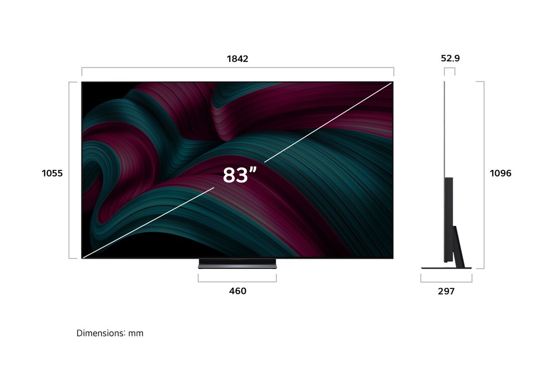 Vue avant et vue latérale du téléviseur smart 4K LG OLED evo C5 AI, illustrant ses dimensions en longueur, largeur, hauteur et profondeur.