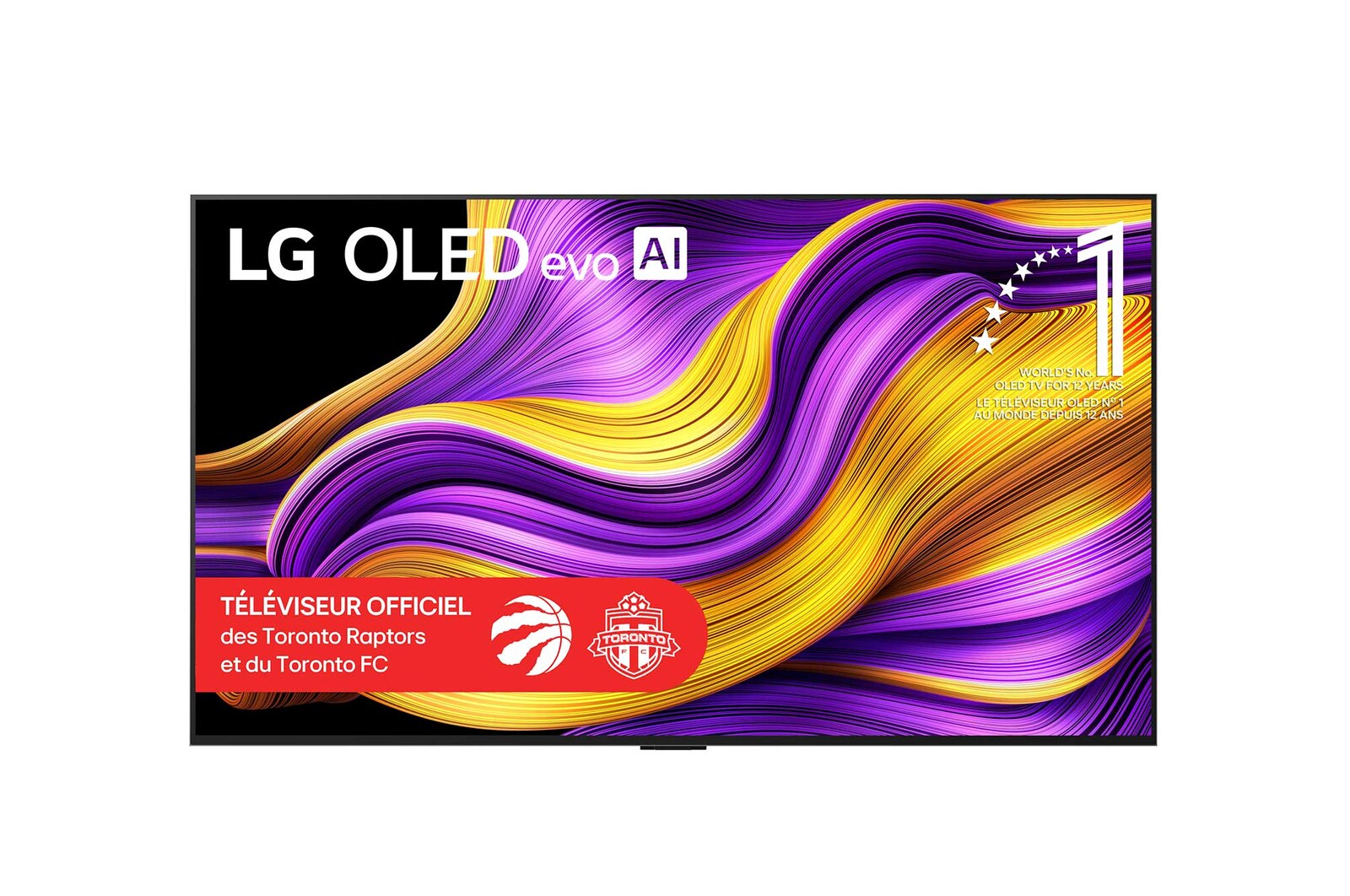 Vue avant du téléviseur Smart TV LG OLED evo AI G5 4K. L’emblème OLED 12 ans numéro 1 mondial et le logo LG OLED evo AI 2025 apparaissent sur l’écran.