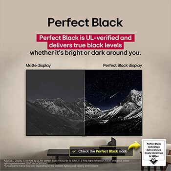 Salle de séjour équipée d’un LG OLED TV fixé au mur. Le téléviseur montre une chaîne de montagnes sur fond de ciel sombre et étoilé. Cette scène est divisée en deux pour montrer comment des Noirs parfaits offrent des niveaux de noir authentiques, qu’il fasse clair ou sombre autour de vous. L’une des faces de la scène présente une version plus terne et grise du paysage étiqueté « Matte display ». De l’autre côté, l’image est plus agréable, avec une plus grande gamme dynamique de noirs et de blancs. Il s’agit de l’affichage « Perfect Black » (Noirs parfaits). La certification du logo est également visible, la technologie Noirs parfaits offre des niveaux de noir inférieurs ou égaux à 0,24 nit jusqu’à 500 lux. Une bulle de texte se trouve juste à côté et indique qu’il faut vérifier la marque de certification Noirs parfaits.
