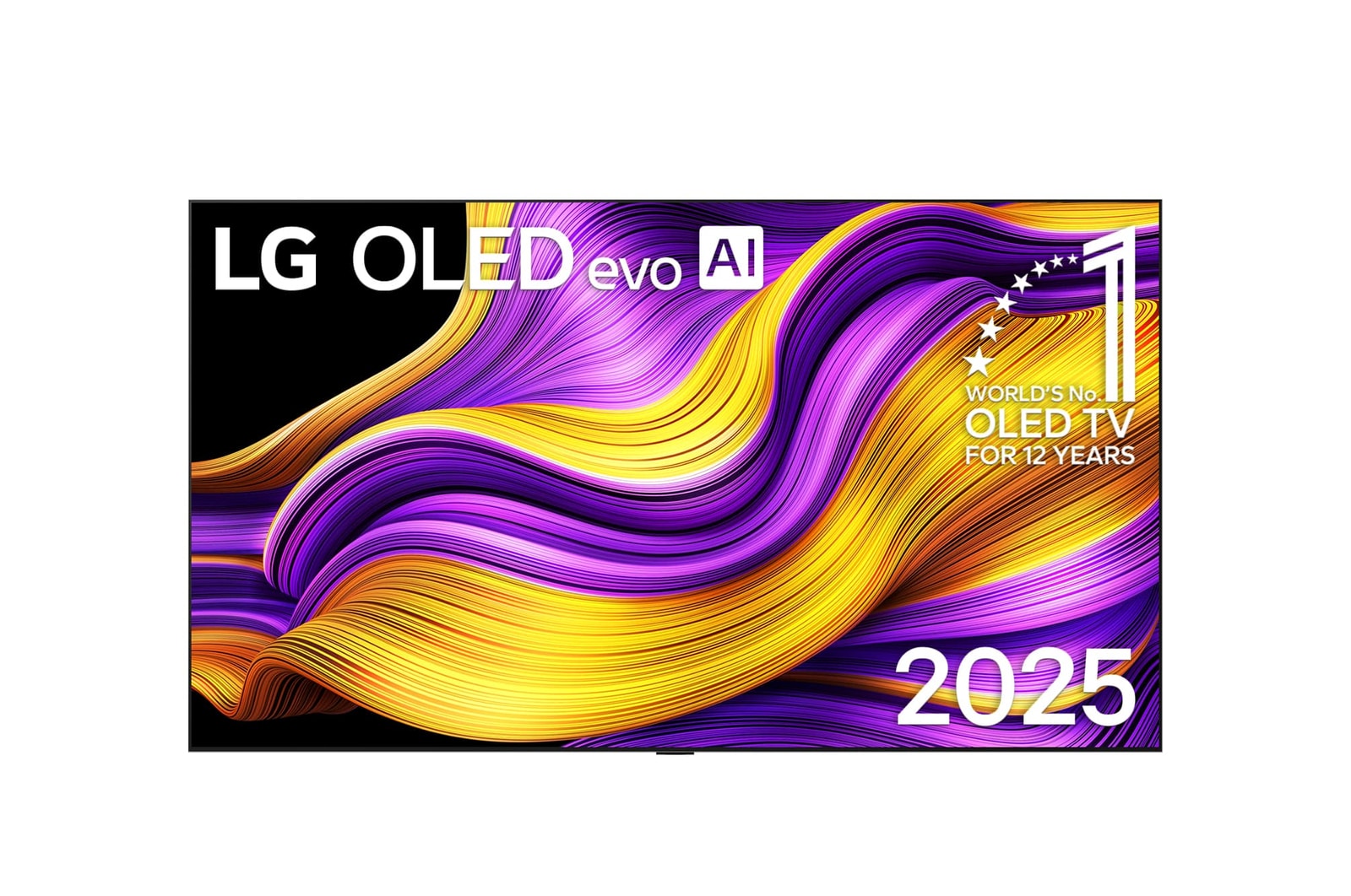 Vue avant du téléviseur Smart TV LG OLED evo AI G5 4K. L’emblème OLED 12 ans numéro 1 mondial et le logo LG OLED evo IA 2025 apparaissent sur l’écran.