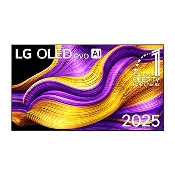Vue avant du téléviseur Smart TV LG OLED evo AI G5 4K. L’emblème OLED 12 ans numéro 1 mondial et le logo LG OLED evo IA 2025 apparaissent sur l’écran.