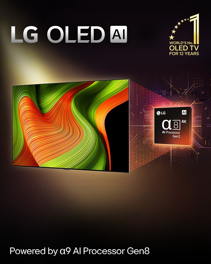 L’écran d’un téléviseur LG OLED evo AI affiche une image abstraite dont les détails, les couleurs et le contraste sont impressionnants. Une version agrandie de l’alpha 8 AI Processor Gen2 se trouve derrière le téléviseur. L’éclairage de l’appareil illumine les circuits de la micropuce qui l’entoure. Le titre indique LG OLED evo AI. Le texte est également visible, alimenté par le processeur LG alpha 8 AI Gen2. Un logo doré orné d’étoiles se trouve dans le coin et indique : « Numéro un mondial des téléviseurs OLED depuis 12 ans ». 
