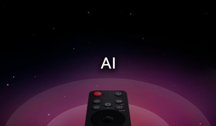 La AI Magic Remote avec le bouton AI mis en évidence. Une représentation graphique de l’interface utilisateur accompagnée d’icônes montre comment le bouton AI permet aux utilisateurs d’accéder aux différentes fonctionnalités de l’AI. Les services comprennent AI Voice ID, AI Search, AI Chatbot, AI Concierge, AI Picture Wizard et AI Sound Wizard. La fonctionnalité est ensuite présentée lorsque le curseur apparaît sur une interface, montrant comment la télécommande peut être utilisée comme une souris aérienne pour simplement pointer et cliquer.