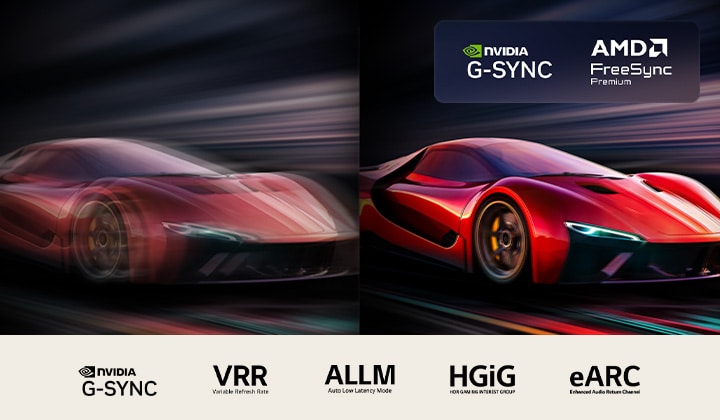 Deux images de voiture dans un jeu vidéo côte à côte. L’une d’entre elles présente un important effet de flou de mouvement. L’autre est nette et bien centrée, ce qui traduit la fréquence d’images élevée de LG OLED TV. Le logo Nvidia G-Sync et d’autres certifications pertinentes sont visibles. 