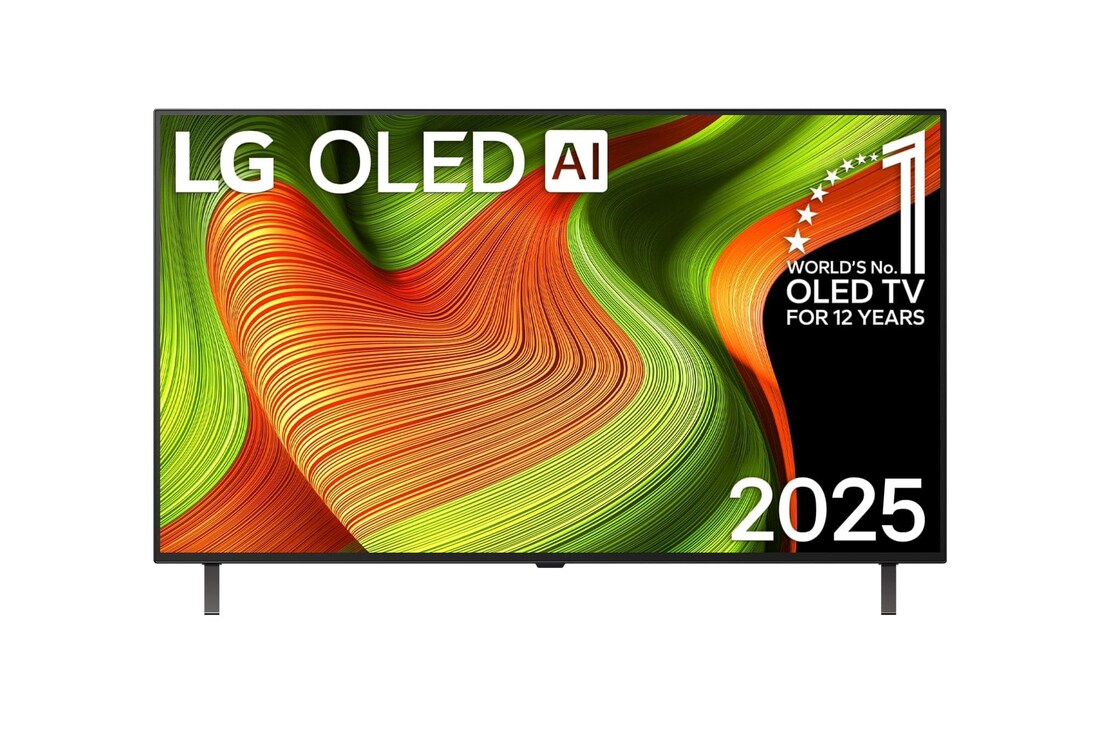 Vue avant du téléviseur Smart LG OLED AI B5 4K. L’emblème OLED 12 ans numéro 1 mondial et le logo LG OLED AI 2025 apparaissent sur l’écran.