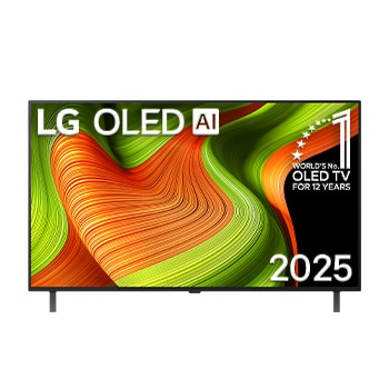 Vue avant du téléviseur Smart LG OLED AI B5 4K. L’emblème OLED 12 ans numéro 1 mondial et le logo LG OLED AI 2025 apparaissent sur l’écran.