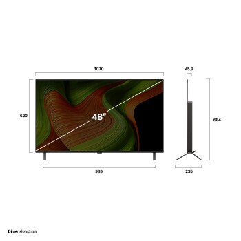 Vue avant et vue latérale du téléviseur Smart 4K LG OLED B5 AI, illustrant ses dimensions en longueur, largeur, hauteur et profondeur.