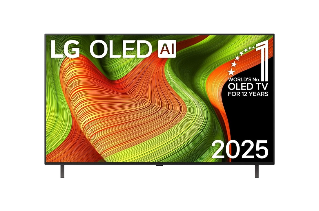 Vue avant du téléviseur Smart LG OLED AI B5 4K. L’emblème OLED 12 ans numéro 1 mondial et le logo LG OLED AI 2025 apparaissent sur l’écran.