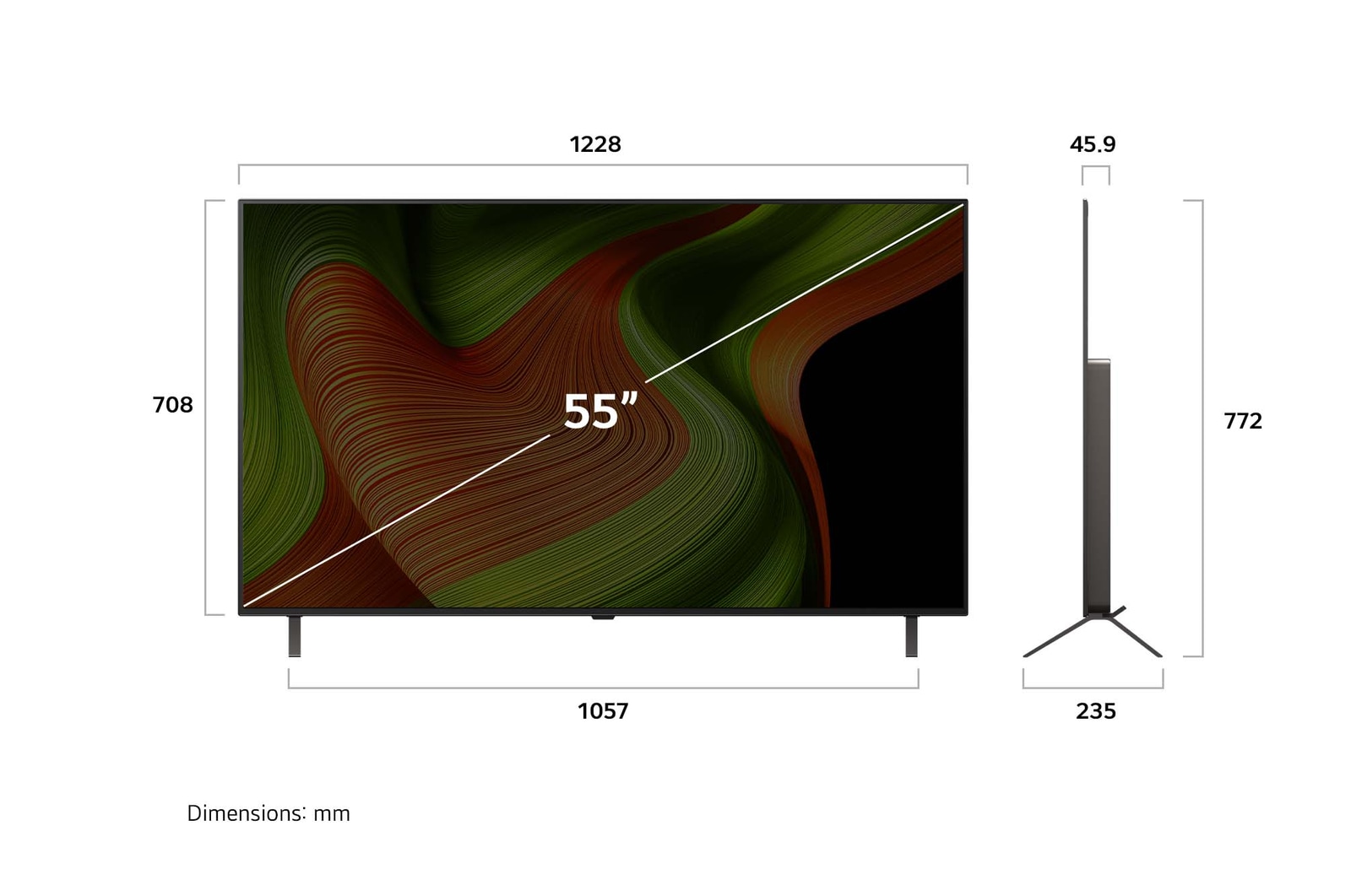 Vue avant et vue latérale du téléviseur Smart 4K LG OLED B5 AI, illustrant ses dimensions en longueur, largeur, hauteur et profondeur.