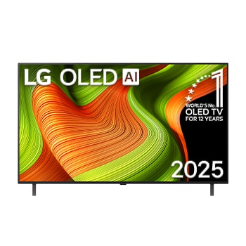 Vue avant du téléviseur Smart LG OLED AI B5 4K. L’emblème OLED 12 ans numéro 1 mondial et le logo LG OLED AI 2025 apparaissent sur l’écran.