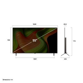 Vue avant et vue latérale du téléviseur Smart 4K LG OLED B5 AI, illustrant ses dimensions en longueur, largeur, hauteur et profondeur.