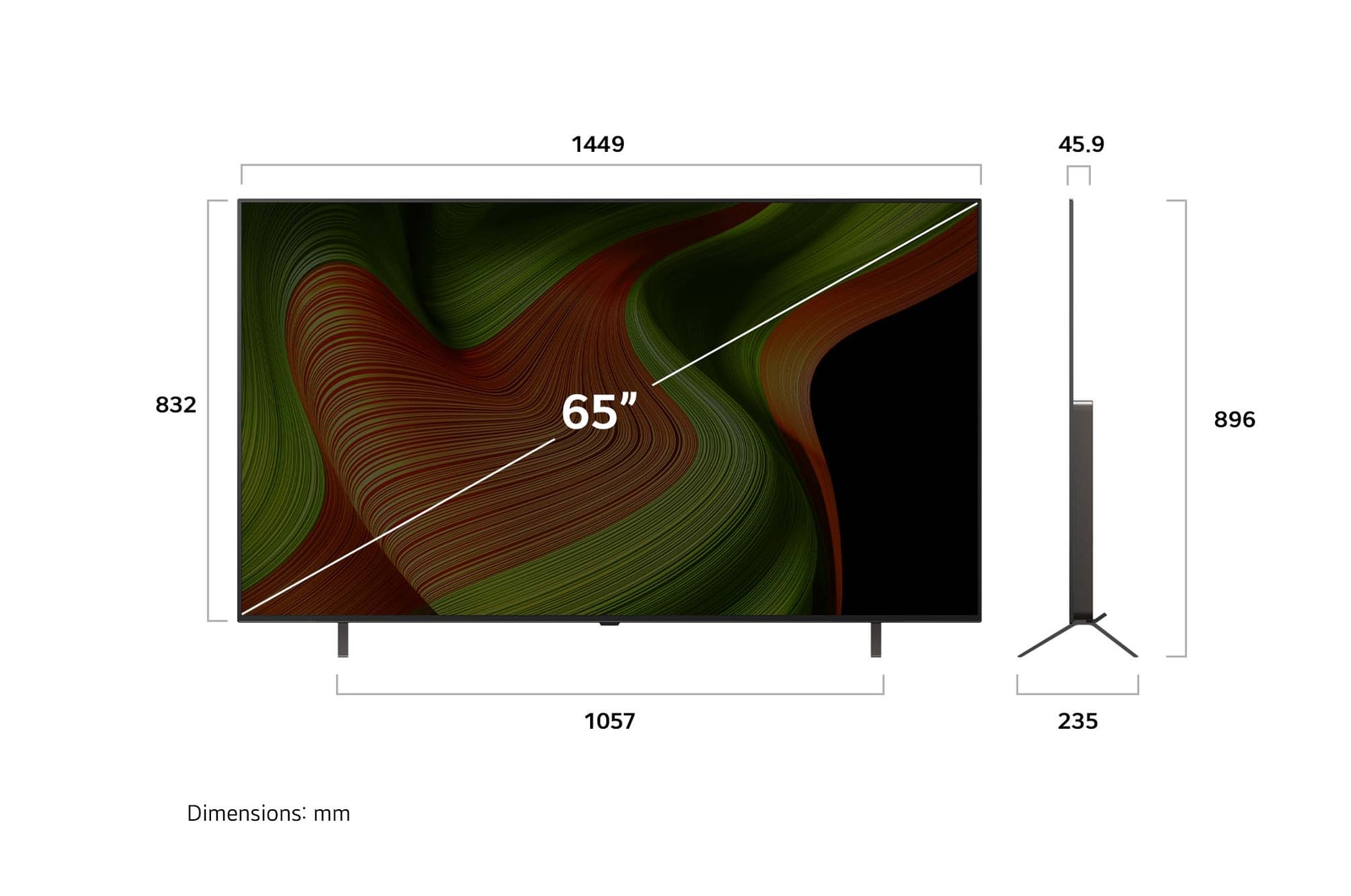 Vue avant et vue latérale du téléviseur Smart 4K LG OLED B5 AI, illustrant ses dimensions en longueur, largeur, hauteur et profondeur.
