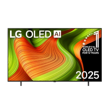 Vue avant du téléviseur Smart LG OLED AI B5 4K. L’emblème OLED 12 ans numéro 1 mondial et le logo LG OLED AI 2025 apparaissent sur l’écran.