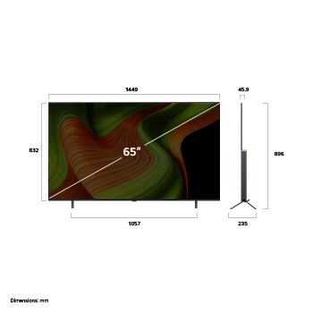 Vue avant et vue latérale du téléviseur Smart 4K LG OLED B5 AI, illustrant ses dimensions en longueur, largeur, hauteur et profondeur.