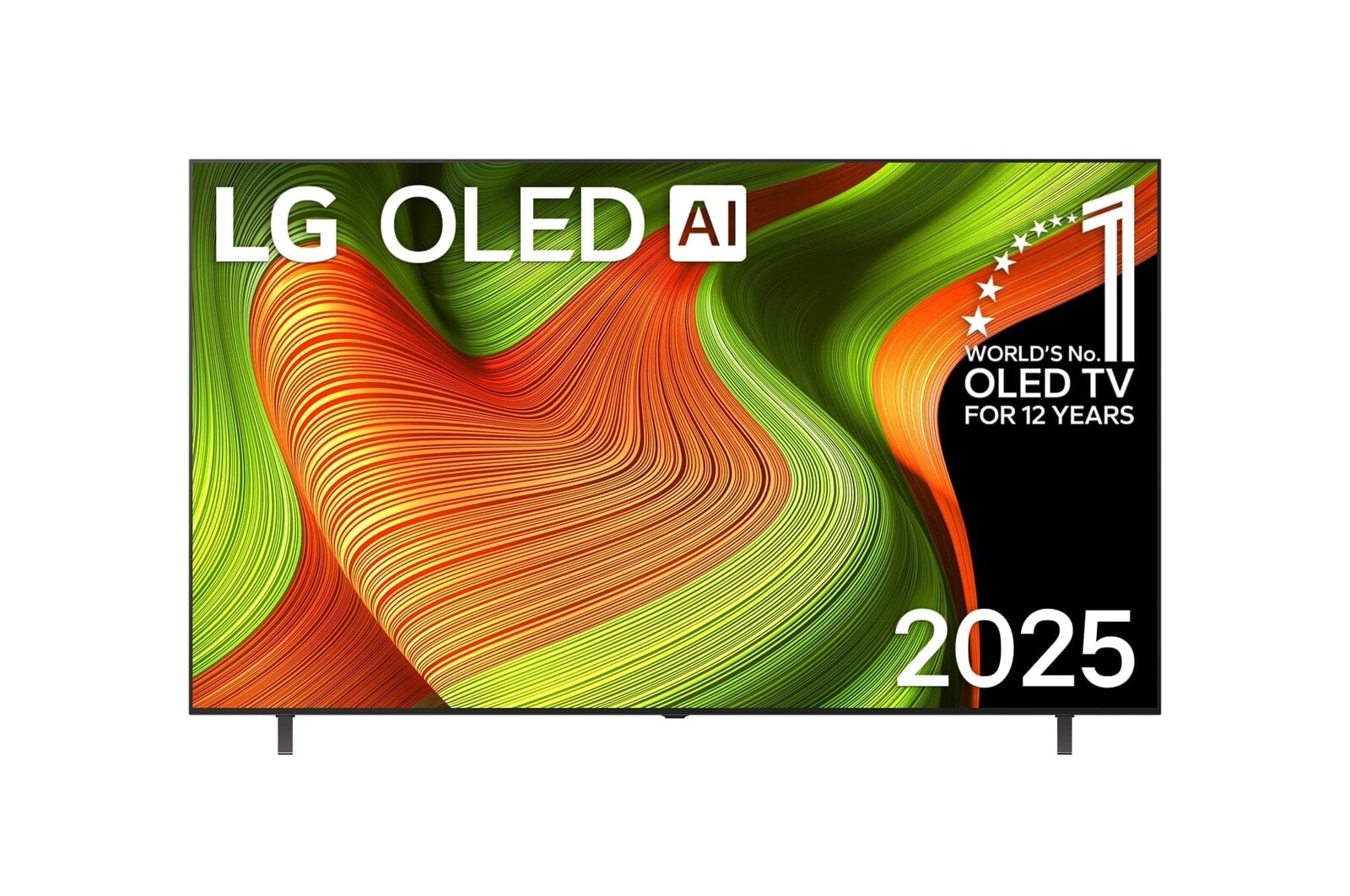 Vue avant du téléviseur Smart LG OLED AI B5 4K. L’emblème OLED 12 ans numéro 1 mondial et le logo LG OLED AI 2025 apparaissent sur l’écran.