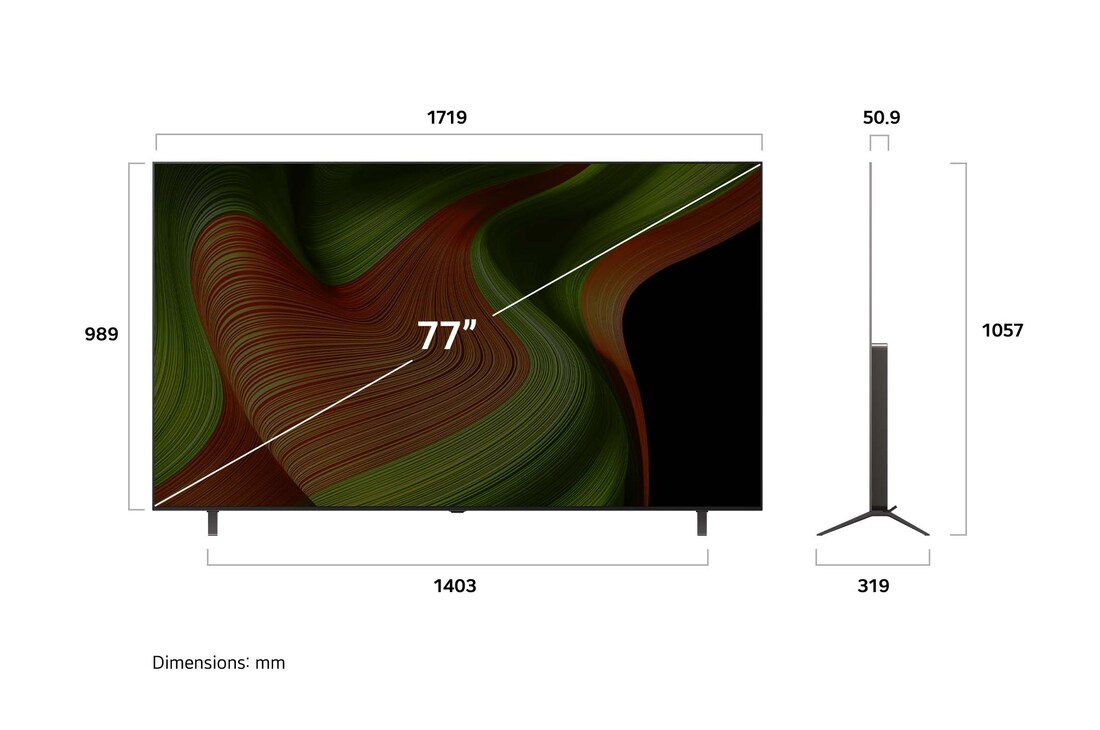 Vue avant et vue latérale du téléviseur Smart 4K LG OLED B5 AI, illustrant ses dimensions en longueur, largeur, hauteur et profondeur.