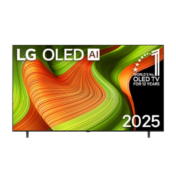 Vue avant du téléviseur Smart LG OLED AI B5 4K. L’emblème OLED 12 ans numéro 1 mondial et le logo LG OLED AI 2025 apparaissent sur l’écran.