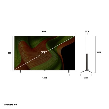 Vue avant et vue latérale du téléviseur Smart 4K LG OLED B5 AI, illustrant ses dimensions en longueur, largeur, hauteur et profondeur.