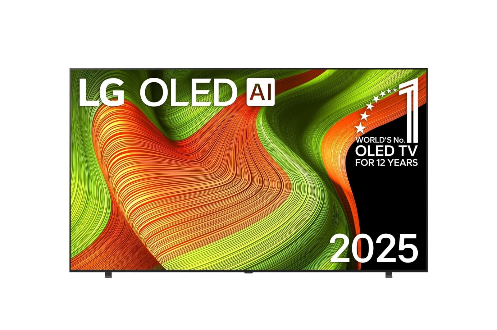 Vue avant du téléviseur Smart LG OLED AI B5 4K. L’emblème OLED 12 ans numéro 1 mondial et le logo LG OLED AI 2025 apparaissent sur l’écran.