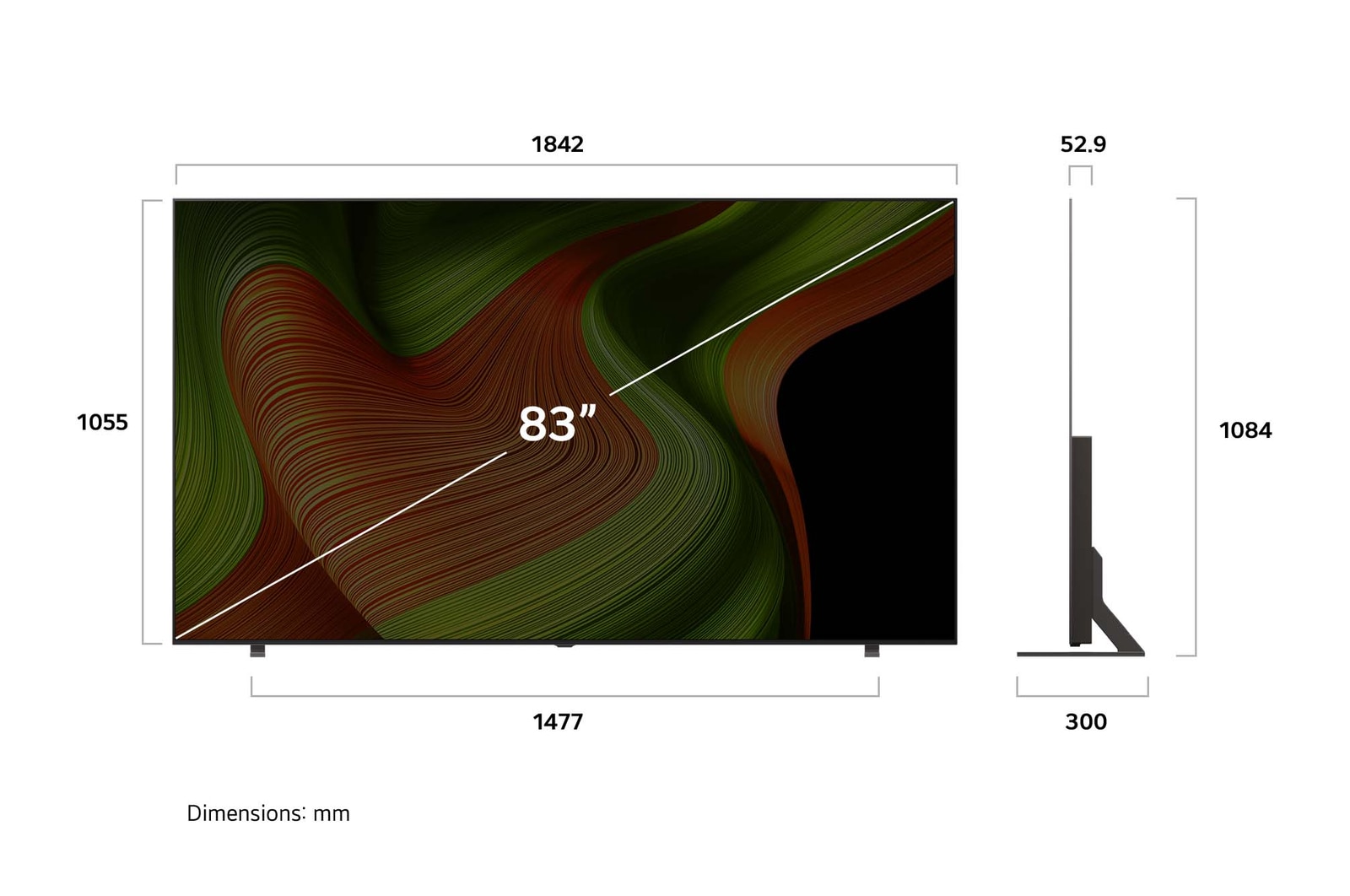 Vue avant et vue latérale du téléviseur Smart 4K LG OLED B5 AI, illustrant ses dimensions en longueur, largeur, hauteur et profondeur.