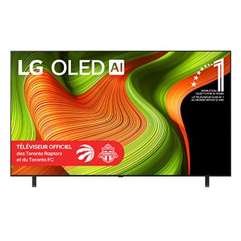 Vue avant du téléviseur Smart LG OLED AI B5 4K. L’emblème OLED 12 ans numéro 1 mondial et le logo LG OLED AI 2025 apparaissent sur l’écran.