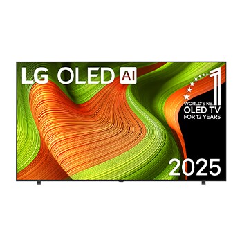 Vue avant du téléviseur Smart LG OLED AI B5 4K. L’emblème OLED 12 ans numéro 1 mondial et le logo LG OLED AI 2025 apparaissent sur l’écran.