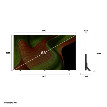 Vue avant et vue latérale du téléviseur Smart 4K LG OLED B5 AI, illustrant ses dimensions en longueur, largeur, hauteur et profondeur.