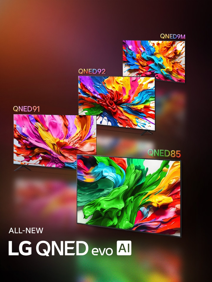 Les téléviseurs LG QNED92 et LG QNED85 sont placés côte à côte. Une œuvre d'art colorée met en évidence la nouvelle technologie de reproduction des couleurs vives et vibrantes des téléviseurs LG QNED, affichée sur leurs écrans. Le TOUT NOUVEAU logo LG QNED evo AI est également visible.