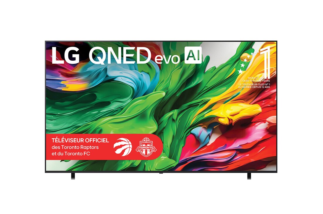Vue avant du téléviseur LG QNED evo QNED85 TV, avec le logo LG QNED evo AI dans le coin supérieur. Le LG QNED evo QNED85 TV présente des textures colorées rappelant une peinture en mouvement.
