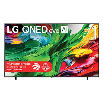 Vue avant du téléviseur LG QNED evo QNED85 TV, avec le logo LG QNED evo AI dans le coin supérieur. Le LG QNED evo QNED85 TV présente des textures colorées rappelant une peinture en mouvement.