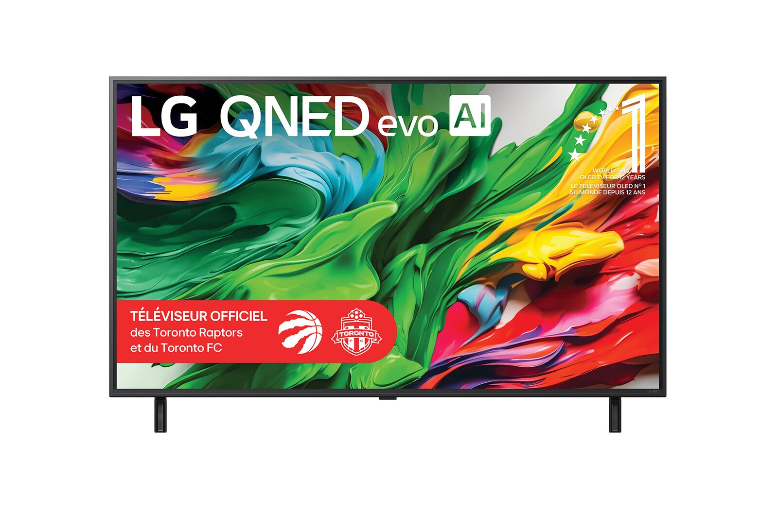Vue avant du téléviseur LG QNED evo QNED85 TV, avec le logo LG QNED evo AI dans le coin supérieur. Le LG QNED evo QNED85 TV présente des textures colorées rappelant une peinture en mouvement.