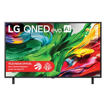 Vue avant du téléviseur LG QNED evo QNED85 TV, avec le logo LG QNED evo AI dans le coin supérieur. Le LG QNED evo QNED85 TV présente des textures colorées rappelant une peinture en mouvement.