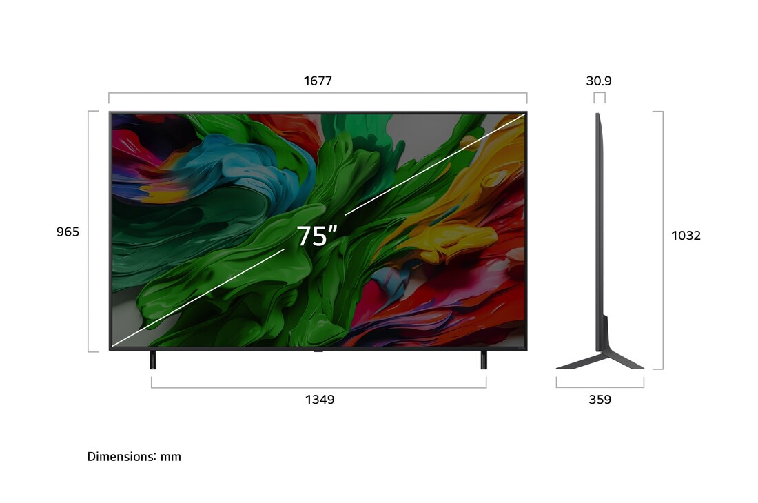 Vue avant et vue latérale du téléviseur smart 4K LG QNED evo AI QNED85 TV, illustrant ses dimensions en longueur, largeur, hauteur et profondeur.