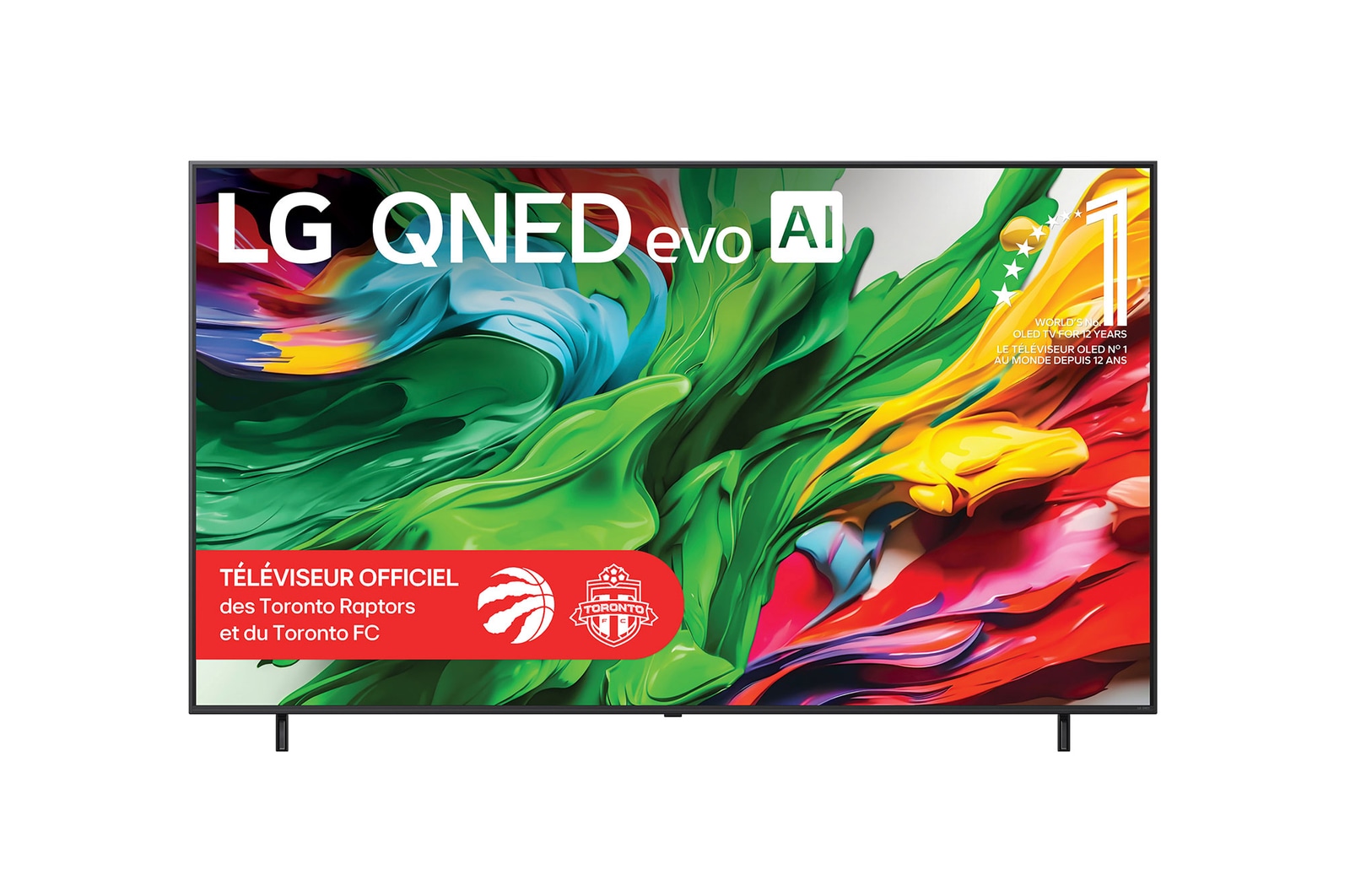 Vue avant du téléviseur LG QNED evo QNED85 TV, avec le logo LG QNED evo AI dans le coin supérieur. Le LG QNED evo QNED85 TV présente des textures colourées rappelant une peinture en mouvement.