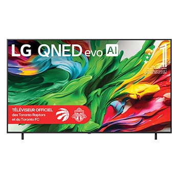 Vue avant du téléviseur LG QNED evo QNED85 TV, avec le logo LG QNED evo AI dans le coin supérieur. Le LG QNED evo QNED85 TV présente des textures colourées rappelant une peinture en mouvement.