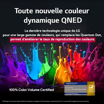 Des éclaboussures de peinture jaillissent du sol vers le haut dans des couleurs variées. Certification Intertrek indiquant que des tests indépendants ont été effectués, placée sous l’image. Le titre met en avant la nouvelle technologie exclusive de large gamme de couleurs de LG, qui vous permet d’afficher des couleurs éclatantes sur votre écran.