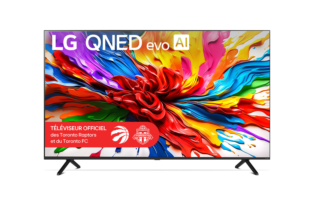 Vue avant du téléviseur LG QNED evo QNED92, avec le logo LG QNED evo AI dans le coin supérieur. Le téléviseur LG QNED evo présente des textures colorées rappelant une peinture en mouvement.