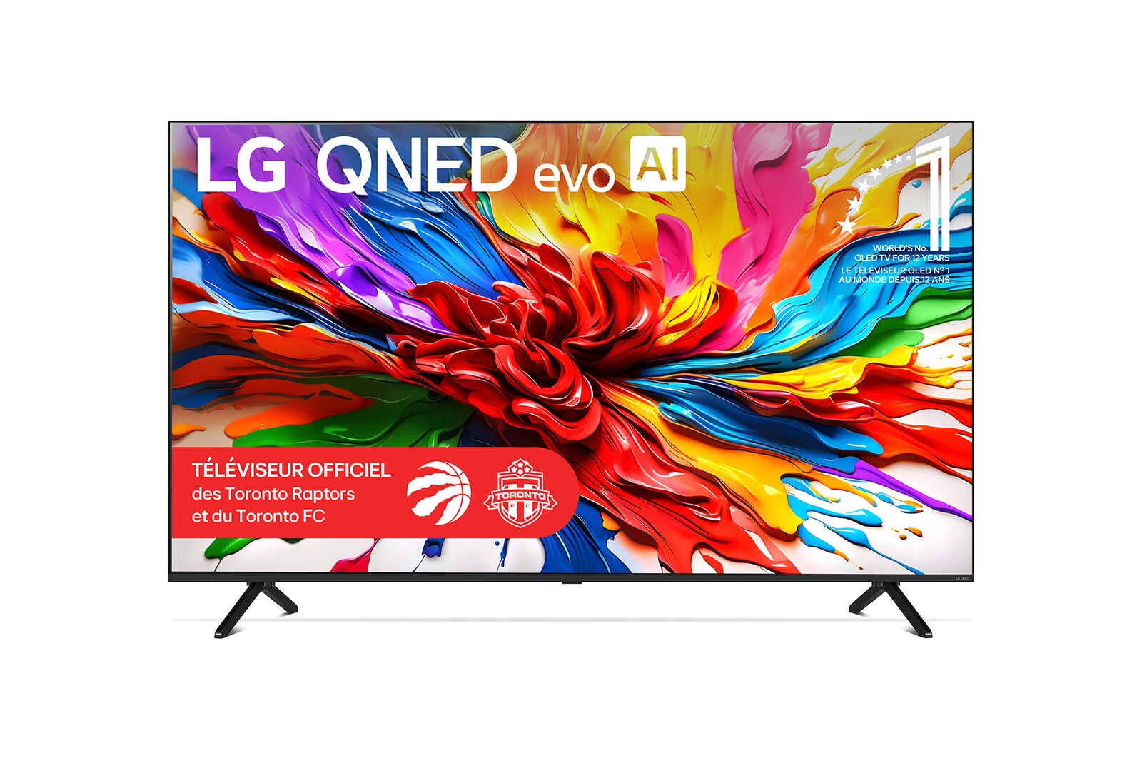 Vue avant du téléviseur LG QNED evo QNED92, avec le logo LG QNED evo AI dans le coin supérieur. Le téléviseur LG QNED evo présente des textures colorées rappelant une peinture en mouvement.