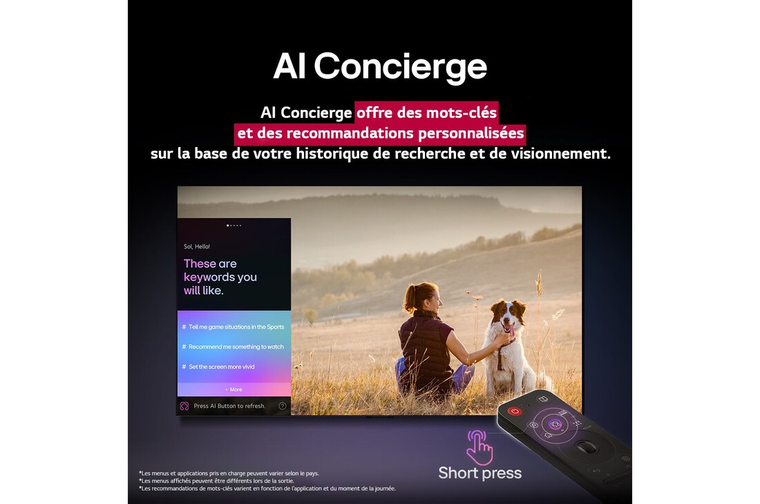 LG AI Magic Remote devant l’écran d’un téléviseur LG. Sur l’écran, un message d’accueil personnalisé de l’AI de LG s’affiche, accompagné de mots-clés adaptés en fonction de l’historique de recherche et de visionnage de l’utilisateur. Près de la télécommande, une icône et un libellé indiquent que la fonctionnalité AI Concierge est facilement accessible par une simple pression sur le bouton AI. 